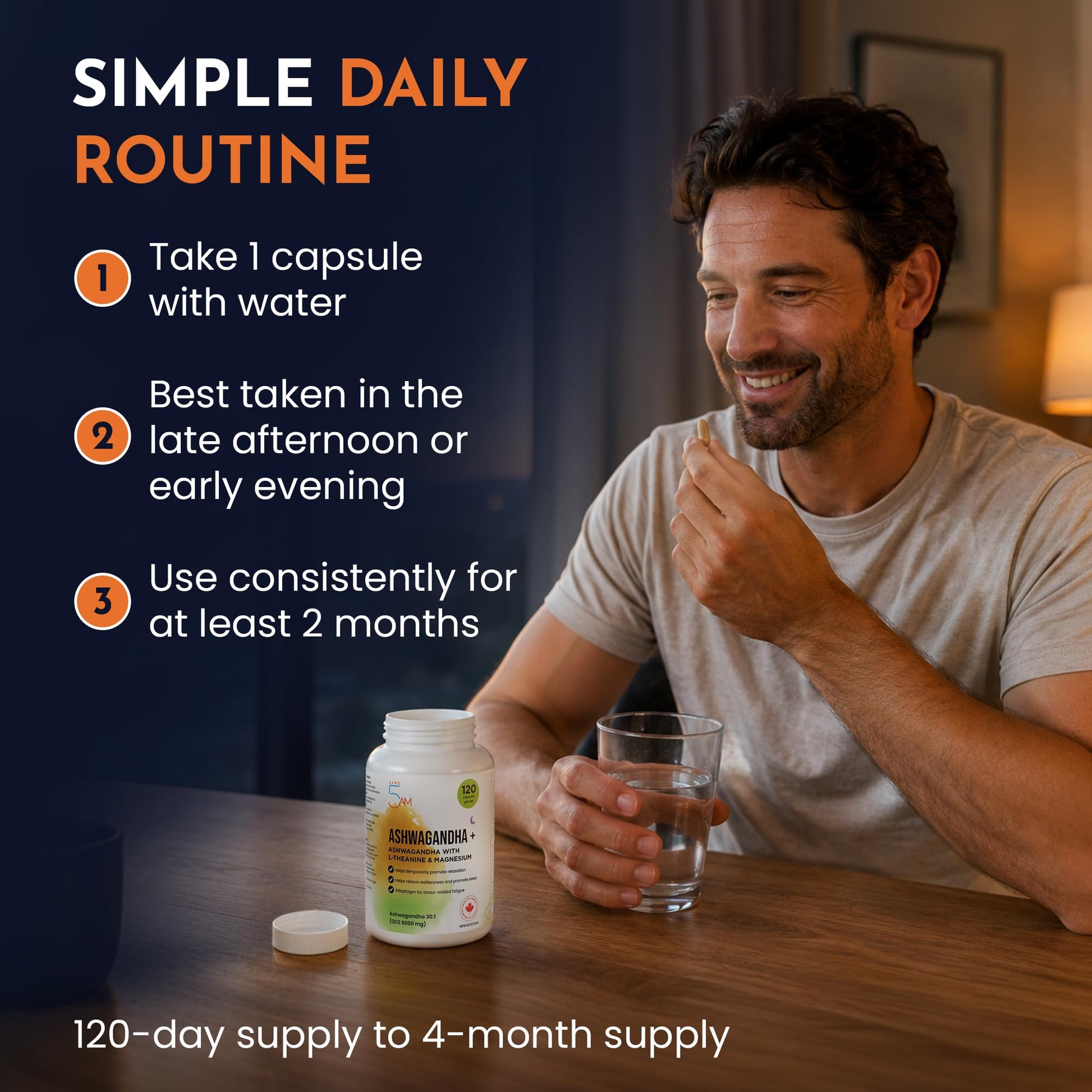 Live 5AM Ashwagandha 6000mg with L-Theanine 200mg, Magnesium Bisglycinate 75mg & Black Pepper Extract - Relaxation, Stress & Restlessness Support - 4 Month Supply, 120 Capsules - Made in Canada - Available at All In One Marketplace Canada