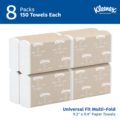 Kleenex Professional Universal Multifold Paper Towels, Bulk (02046), Absorbency Pockets, 9.2" x 9.4" Towel, White (150 Sheets/Pack, 8 Packs/Case, 1,200 Sheet Total) Kleenex