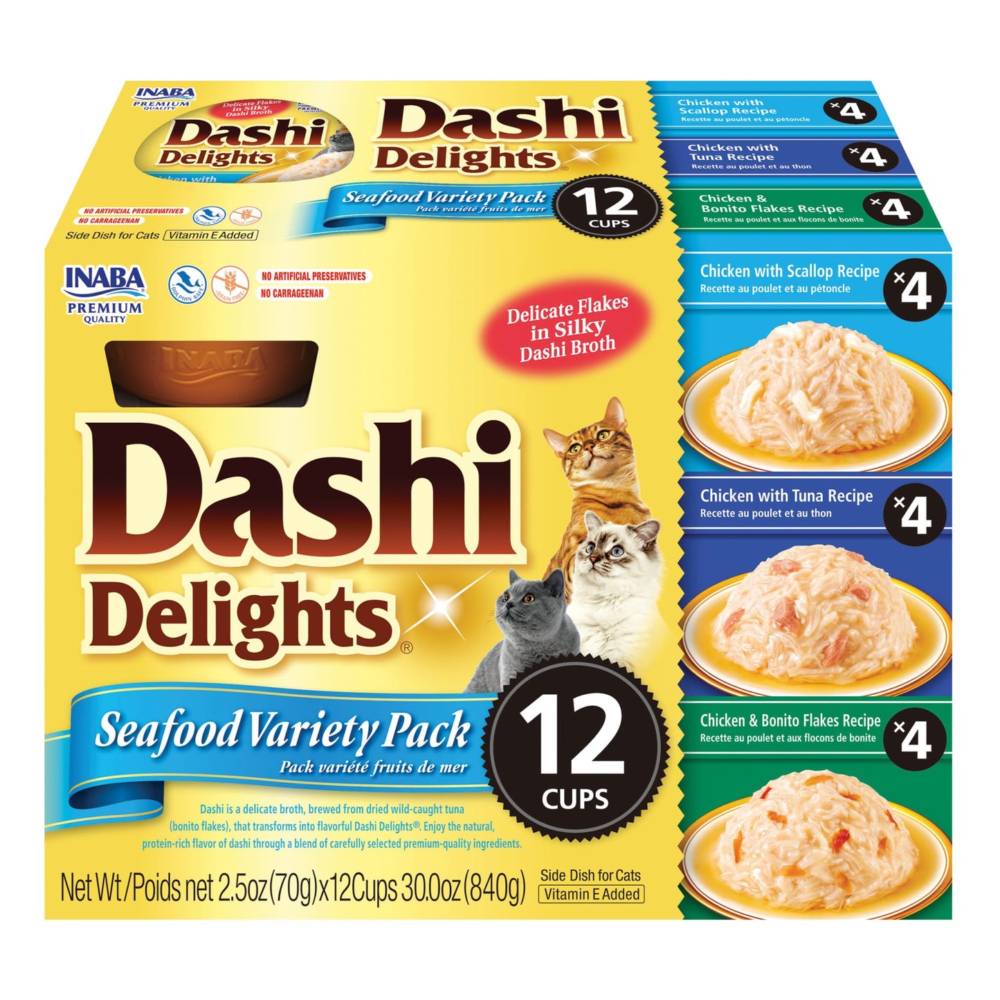 INABA Dashi Delights for Cats, 70 gram Cup, 12 Cups Total, Seafood Variety INABA