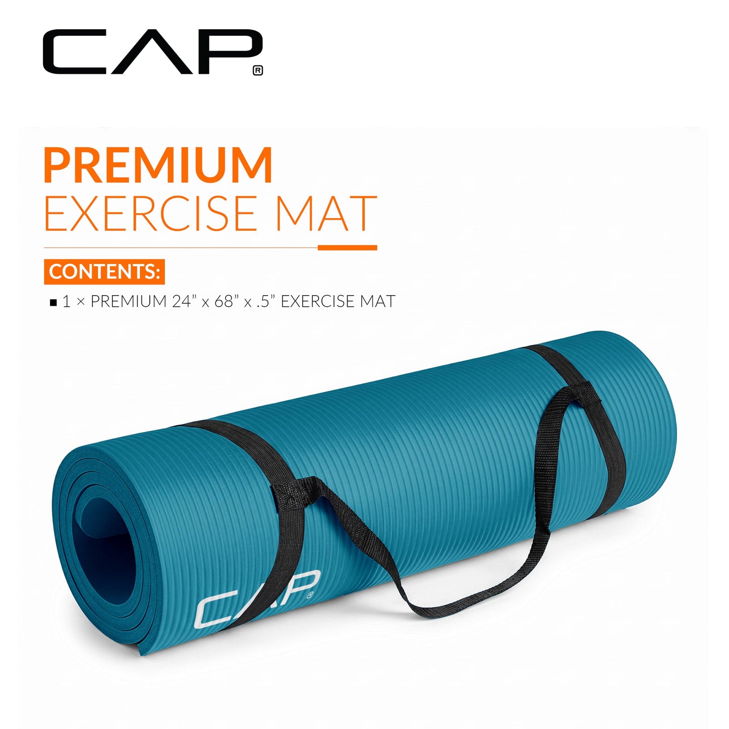 CAP Barbell High Density Exercise Yoga Mat with strap, 68"x24" 12mm - Teal
