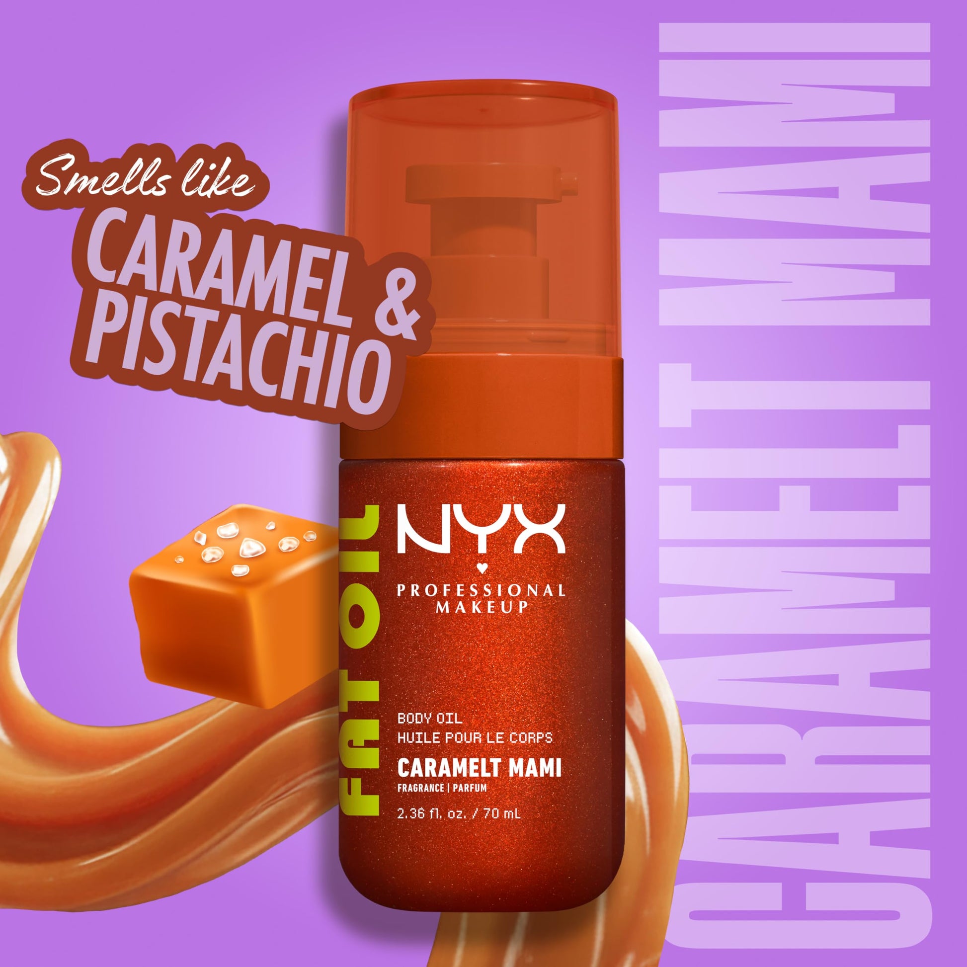 NYX Professional Makeup Fat Oil Body Oil, 24 HR Hydration, Bronze Glowy Finish, Non-Sticky High-Shine Vegan Formula, Shimmering Skin Glow, Caramelt Mami: Caramel & Pistachio Scent, 70 ml NYX PROFESSIONAL MAKEUP