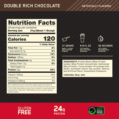 Optimum Nutrition Gold Standard 100% Whey Protein Powder, 24g Protein per serving, 29 servings (899g) - Double Rich Chocolate (packaging may vary)