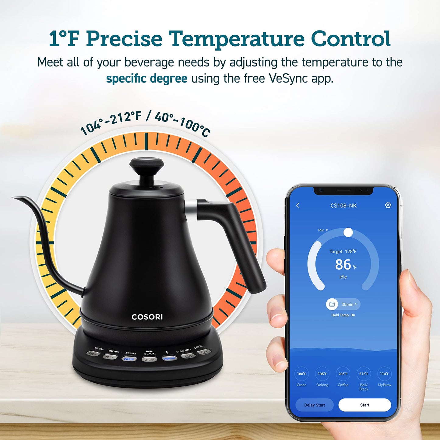 Cosori Smart Gooseneck Kettle, 4 Temp Presets, 0.8L Pour Over Coffee Kettle
