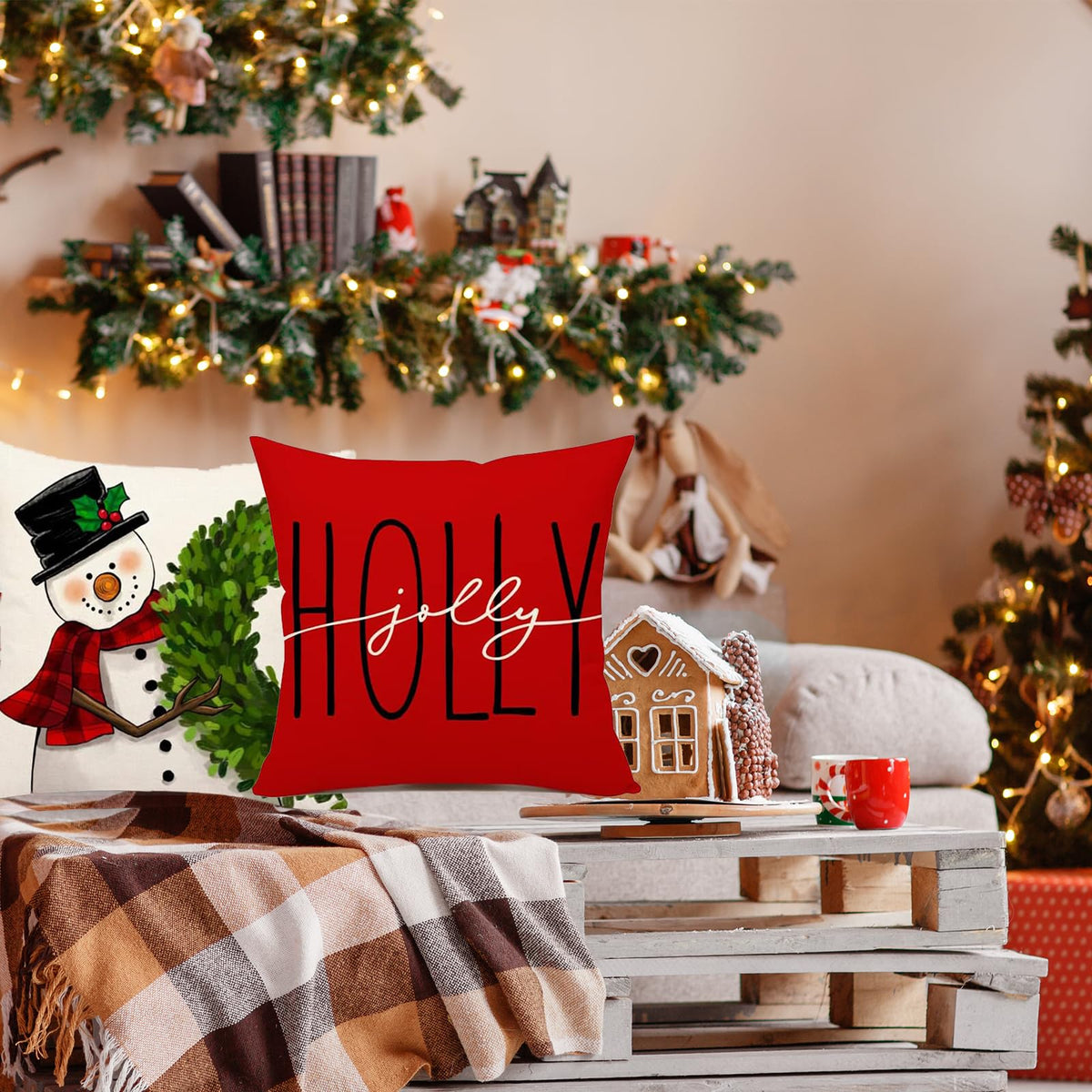 Mevers Christmas Pillow Covers 18x18 Set of 4, Farmhouse Christmas Decorations Snowman Wreath Santa Claus Tree Merry Christmas Holly Jolly Winter Holiday Decor Throw Cushion Case for Home Couch 🍁 All In One Marketplace Canada