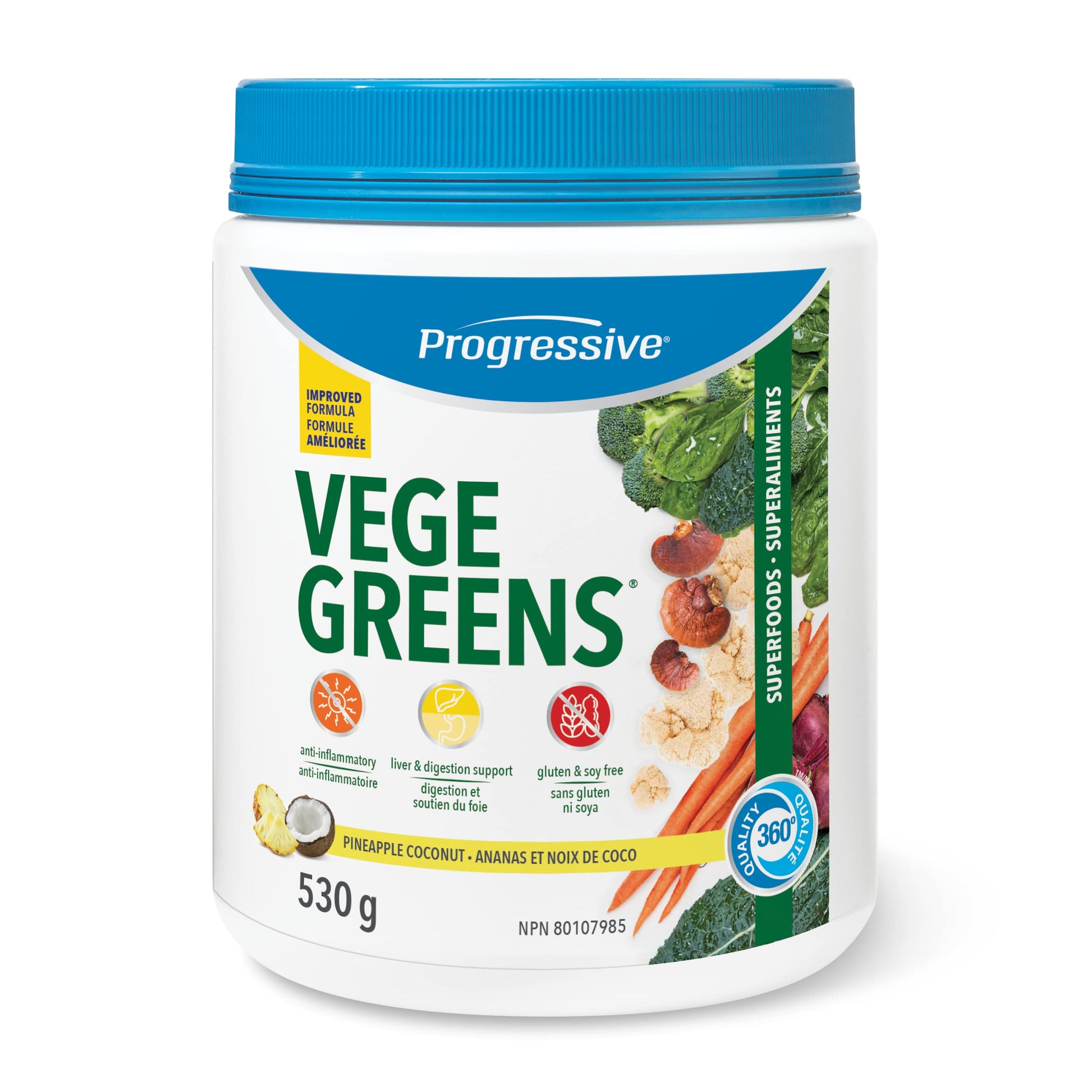 Progressive VegeGreens Pineapple Coconut, Vegan Canadian-Made Superfoods + Daily Greens with 23 Whole Foods, Adaptogens, Anti-Inflammatory, Antioxidants & Digestive Support for Energy and Immunity, 530 g Progressive Health
