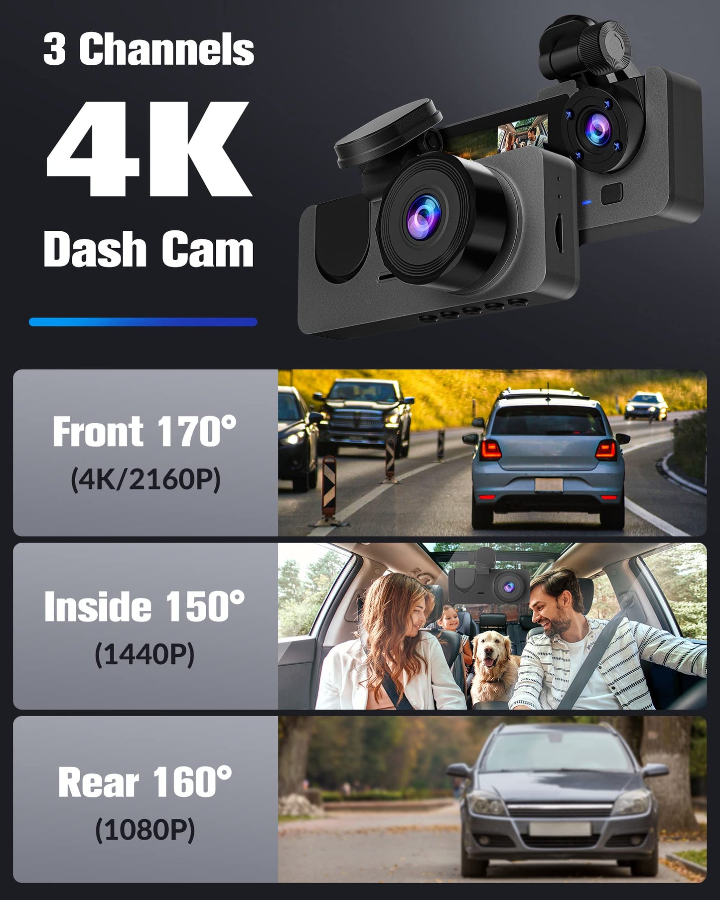 Dash Camera for Cars, 4K Dash Cam Front and Rear, Triple Car Camera with 32GB Card,Built-in IR Night Vision,2.0'' IPS Screen,170°Wide Angle,WDR,HDR,G-Sensor,24H Parking Mode, Loop Recording
