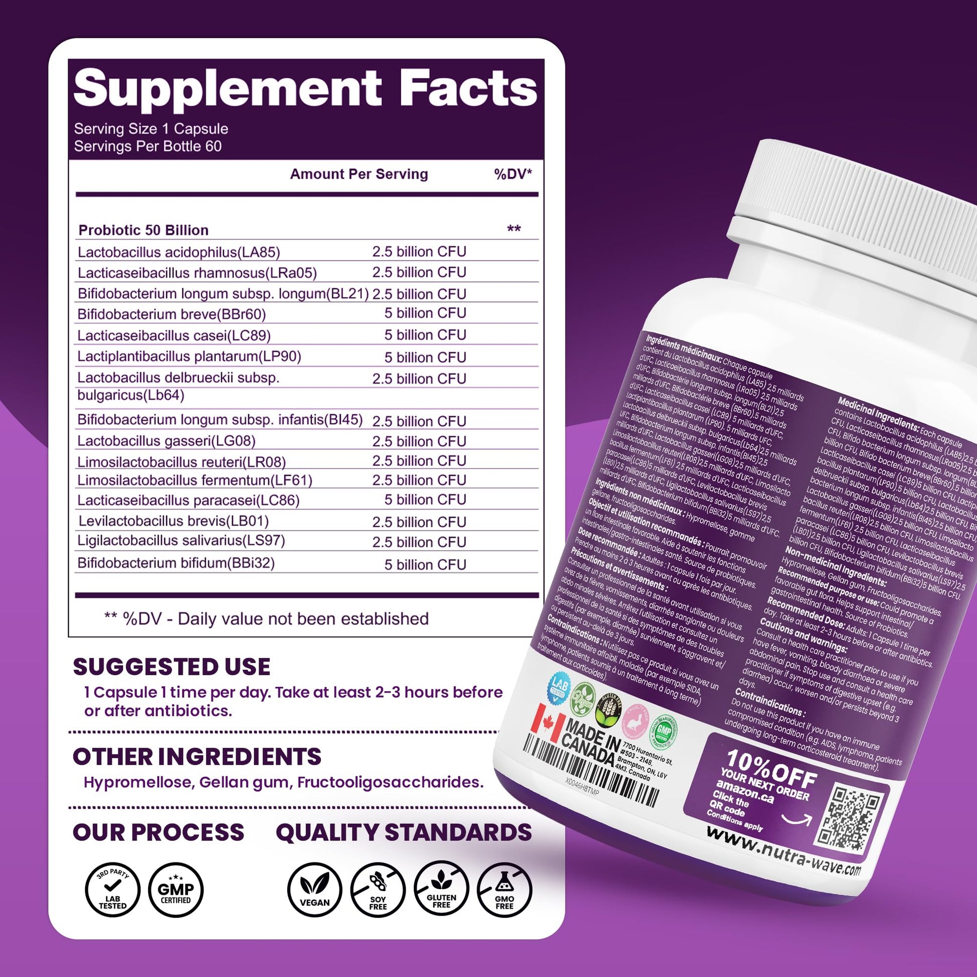Nutrawave 50 BILLION Probiotics Women & Men, 15 Strains Active Culture. Relieves Bloating and Constipation, Improved Digestion and Gut Health Supplement, Non-GMO, Vegan, Gluten Free. 60 Vegan Capsules/ 60 Day Supply - Available at All In One Marketplace Canada