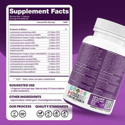 Nutrawave 50 BILLION Probiotics Women & Men, 15 Strains Active Culture. Relieves Bloating and Constipation, Improved Digestion and Gut Health Supplement, Non-GMO, Vegan, Gluten Free. 60 Vegan Capsules/ 60 Day Supply - Available at All In One Marketplace Canada