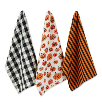 Lot de 3 torchons de cuisine décoratifs DII pour Halloween, motifs effrayants et amusants, coton imprimé, 46 x 71 cm, motif carreaux style buffalo noir et blanc/rayures orange