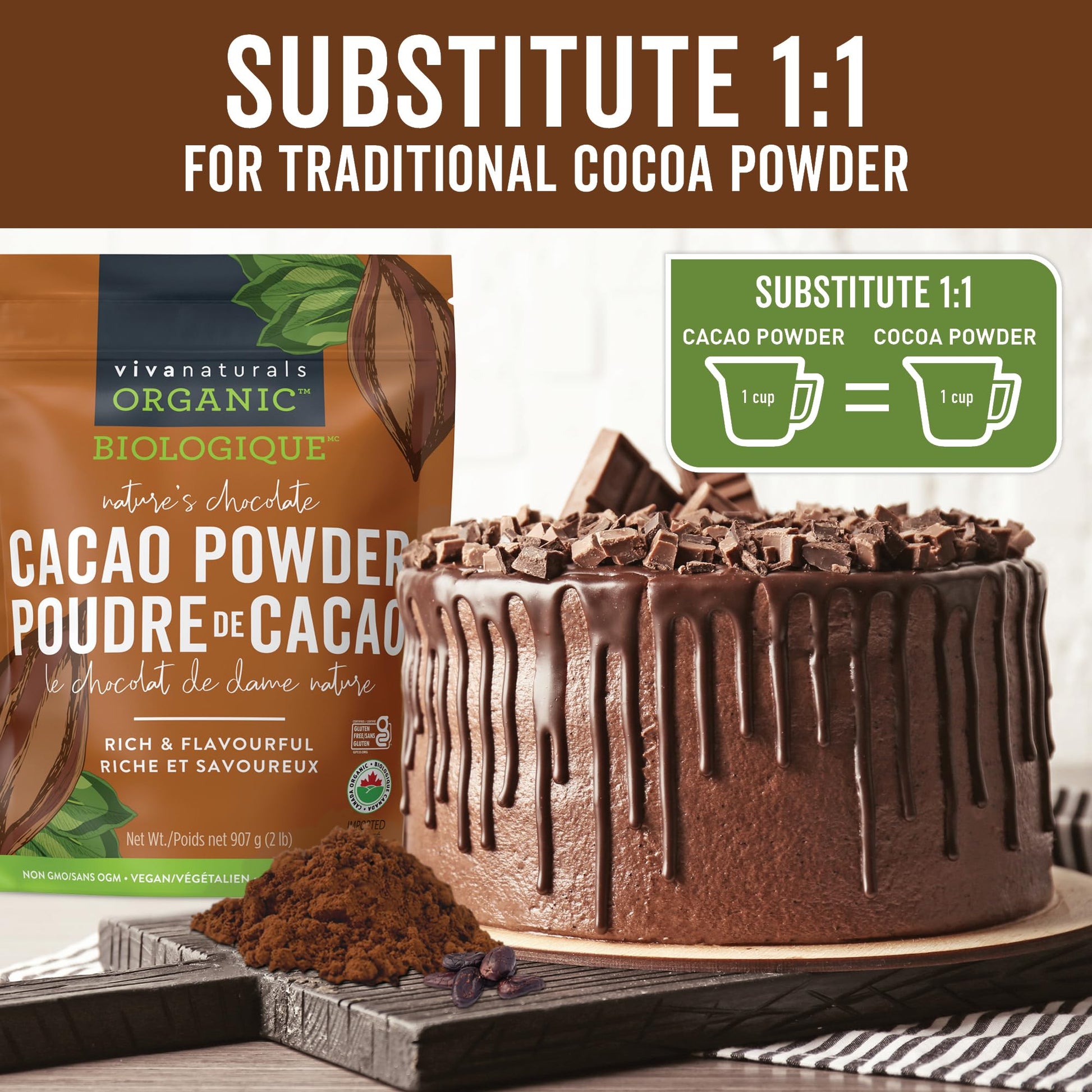 Viva Naturals Organic Cacao Powder, 2lb - Unsweetened Cocoa Powder With Rich Dark Chocolate Flavour, Perfect for Baking & Smoothies - Certified Vegan, Keto & Paleo, Gluten-Free & Non-GMO, 907 g