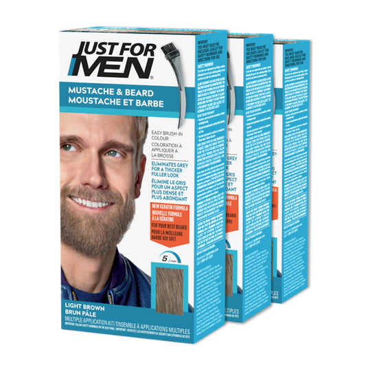 Just For Men Mustache & Beard, Beard Dye for Men with Brush Included for Easy Application, With Biotin Aloe and Coconut Oil for Healthy Facial Hair, Light Brown, M-25 (3 Count) 🍁 All In One Marketplace Canada