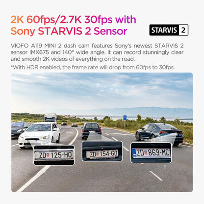 VIOFO Dash Cam Front A119 Mini 2, STARVIS 2 Sensor, 2K 60fps/HDR 30fps Voice Control Car Dash Camera with 5GHz Wi-Fi GPS, Night Vision 2.0, 24H Parking Mode, Supercapacitor (SD Card Not Included) - Available at All In One Marketplace Canada