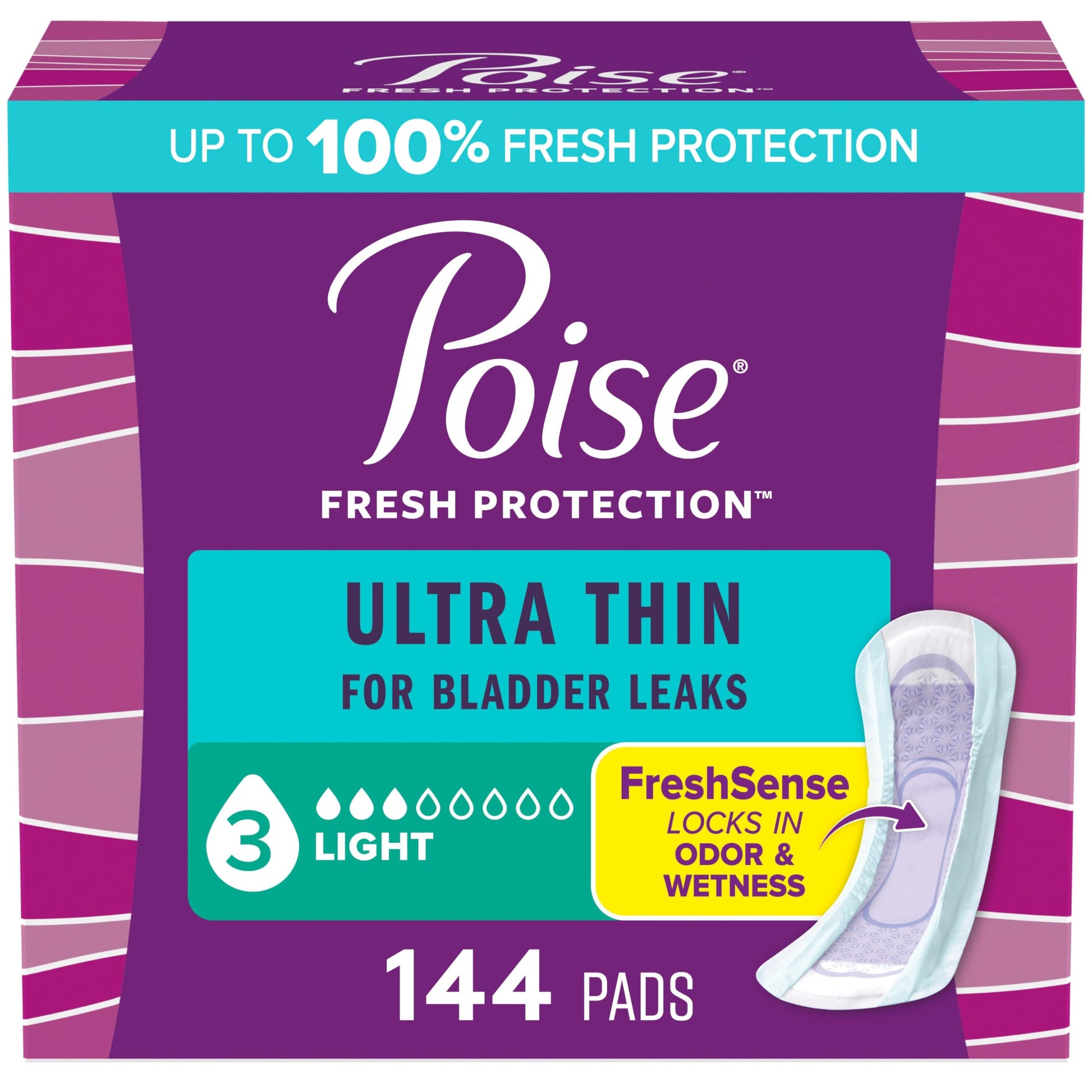 Poise Ultra Thin Incontinence Pads & Postpartum Incontinence Pads, 3 Drop Light Absorbency, Regular Length, 144 Count (3 Packs of 48) - Available at All In One Marketplace Canada