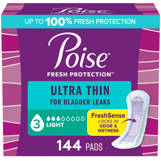 Poise Ultra Thin Incontinence Pads & Postpartum Incontinence Pads, 3 Drop Light Absorbency, Regular Length, 144 Count (3 Packs of 48) - Available at All In One Marketplace Canada