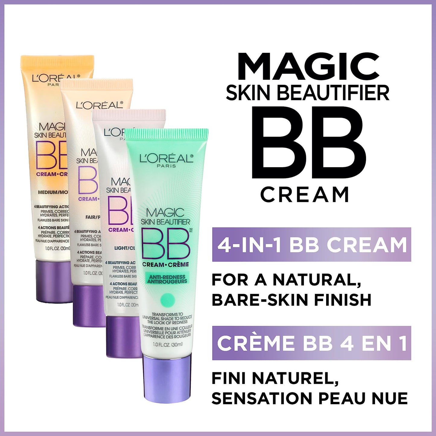 L'Oréal Paris Magic BB Cream, Makeup Primer, Skin Beautifier, Anti-Redness, 4-in-1 Ultra-Light Lotion, Medium, 30 mL L'Oreal Paris