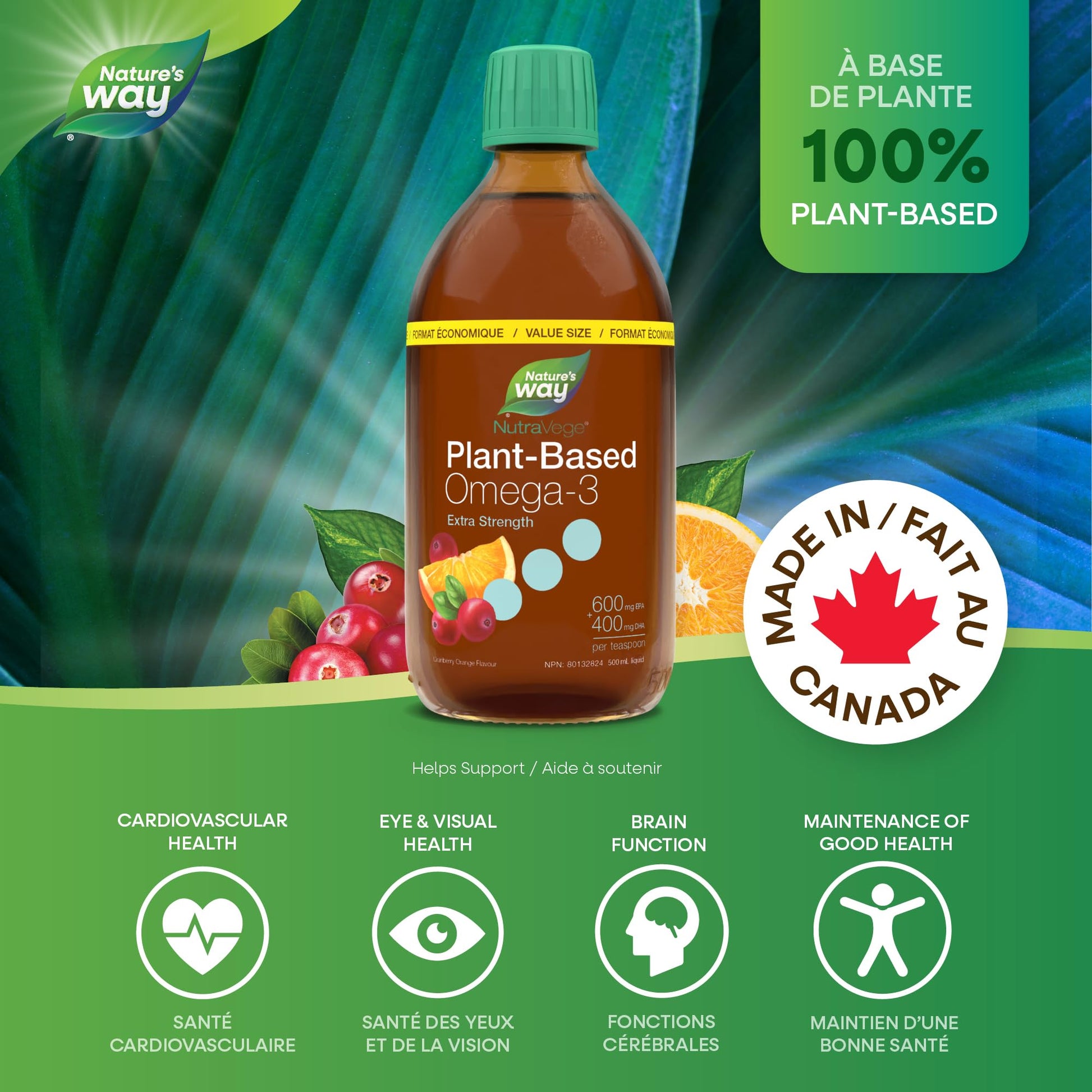 Nature's Way NutraVege Plant-based Omega-3 Supplement, Extra Strength Formula, Vegetarian, EPA + DHA from Algal Oil, Vegan, Cranberry Orange Flavour, 500 mL Liquid, Value Size Nature's Way