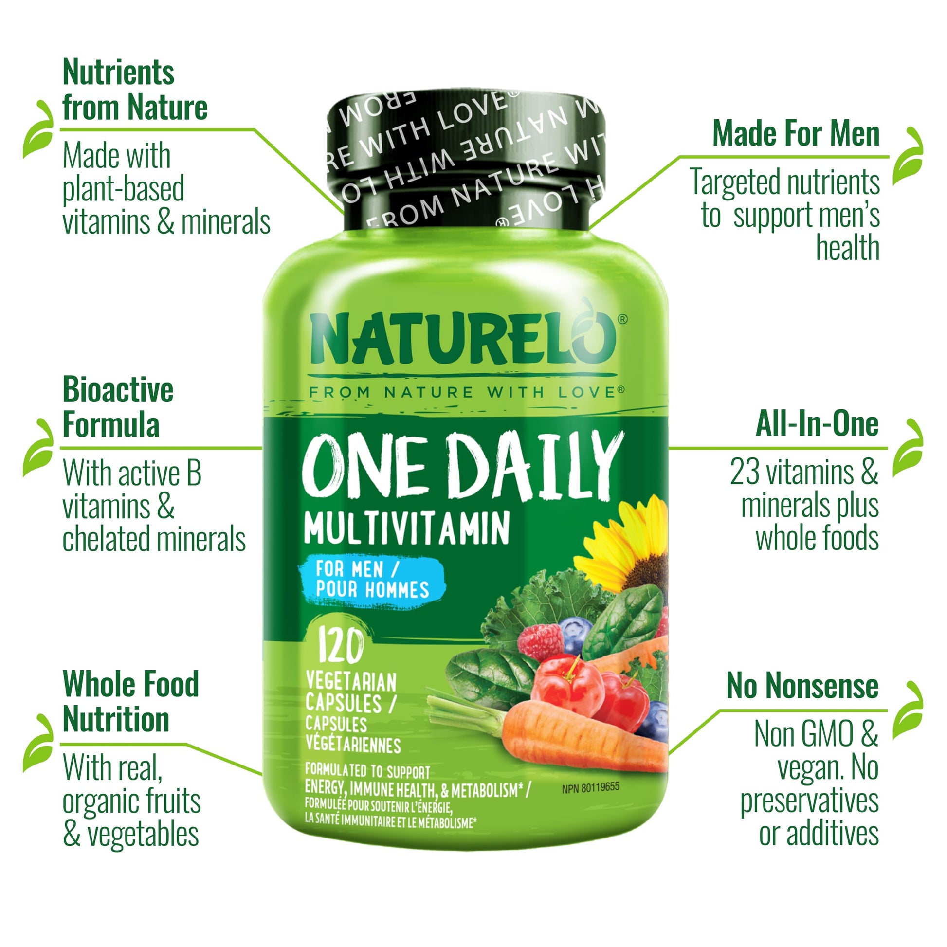 NATURELO Mens Multivitamins - One Daily Multivitamin for Men with Vitamins, Minerals & Organic Whole Foods, Boost Energy & Health, Non-GMO, 120 Vegetarian Capsules - Available at All In One Marketplace Canada