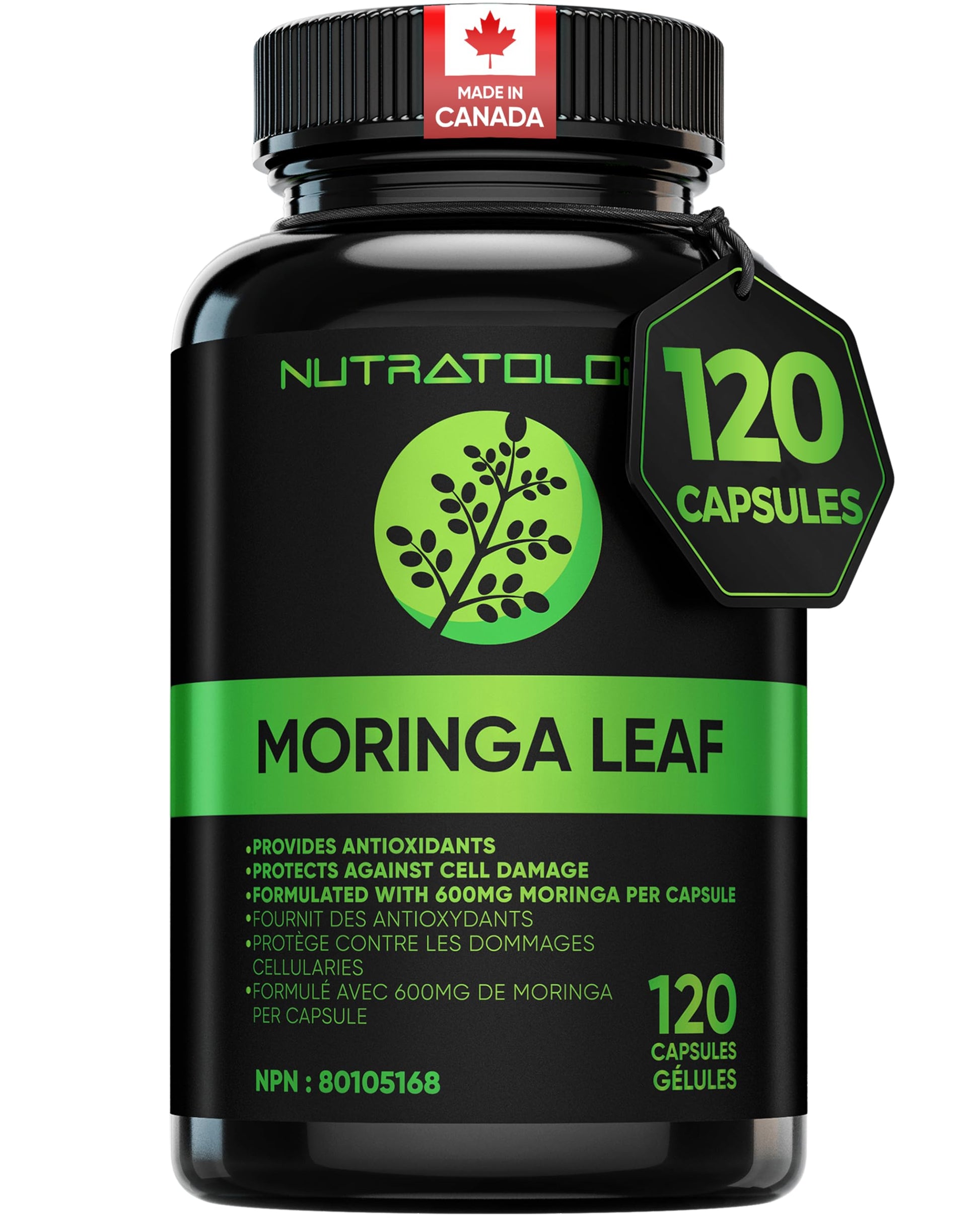 Nutratology® Organic Moringa Leaf Capsules | 1200MG Per Serving | Canadian-Made | Provides Powerful Antioxidants - Protects Against Cell Damage, Supports Liver Detox & Gut Health - 120 Caps - Available at All In One Marketplace Canada