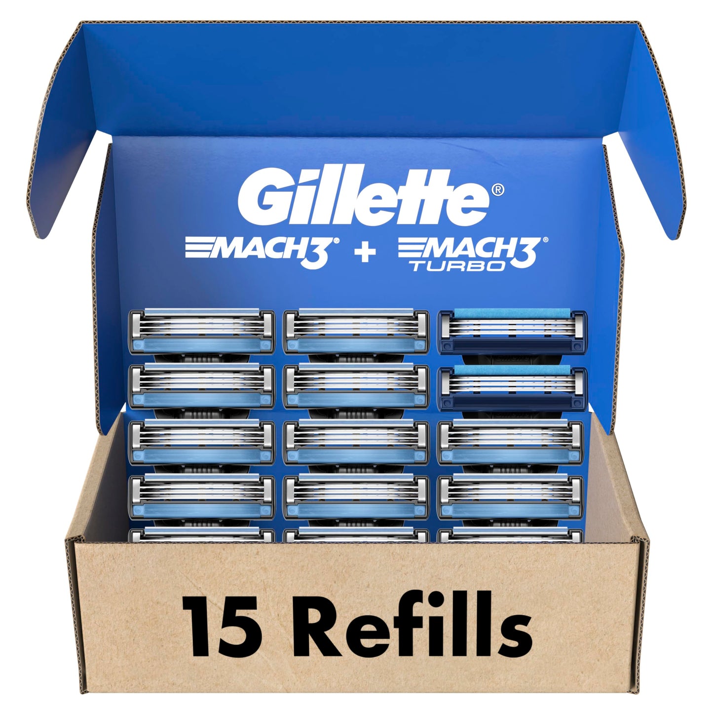 Gillette Men's Razor Blade Refills, 13 Mach3 Cartridges + 2 Mach3 Turbo Cartridges Blue, Total Pack of 15 - Available at All In One Marketplace Canada