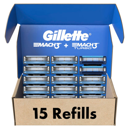 Gillette Men's Razor Blade Refills, 13 Mach3 Cartridges + 2 Mach3 Turbo Cartridges Blue, Total Pack of 15 - Available at All In One Marketplace Canada