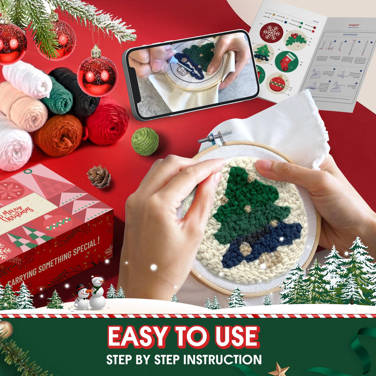 yuegool 6PCS Christmas Punch Needle Coasters Kit,Easy DIY Punch Needle Embroidery Kit for Beginners Adults Kids Including Patterns, Tools, Yarns, Hoop, Instruction, Coaster Holder Art Craft Supplies 🍁 All In One Marketplace Canada