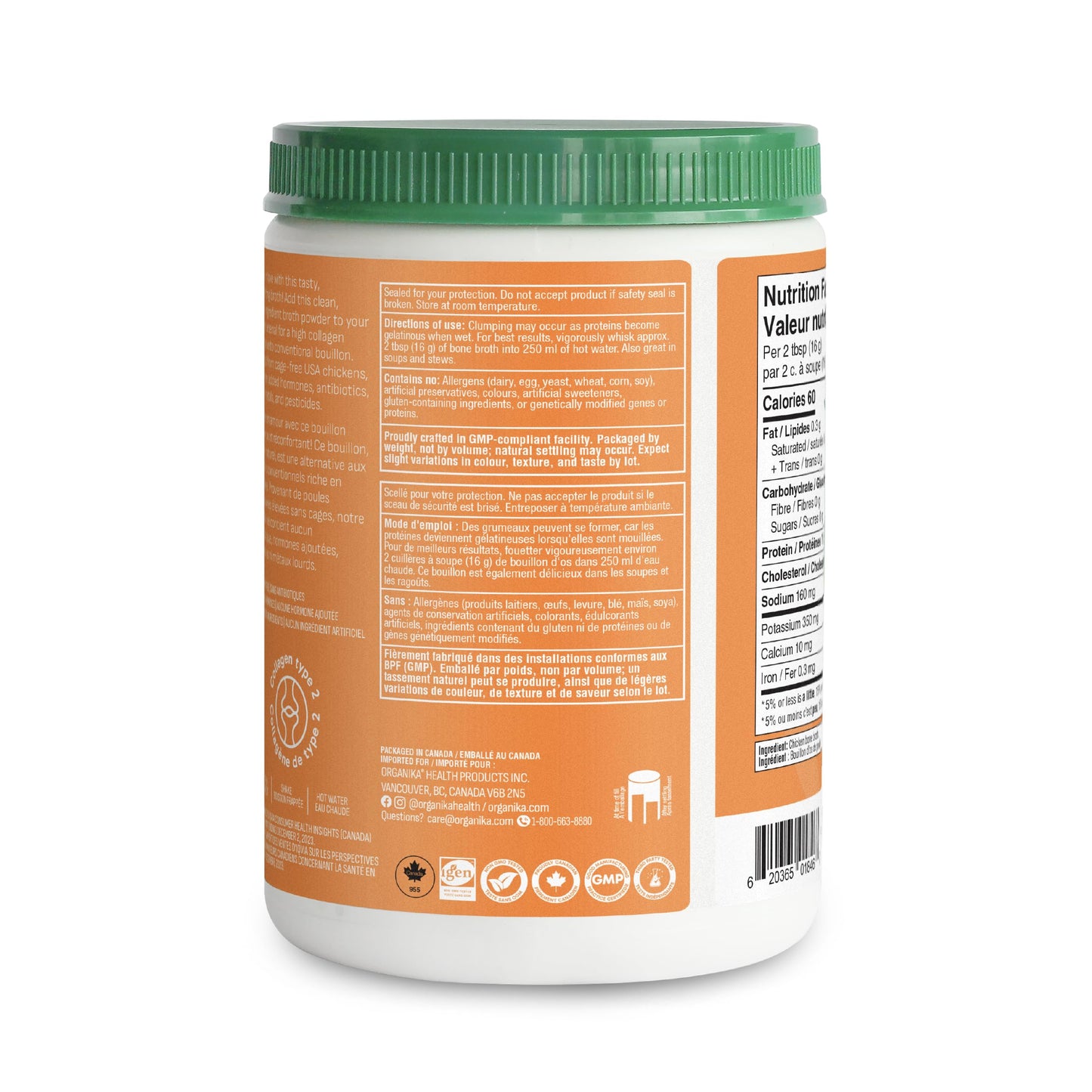Organika Chicken Bone Broth Powder – 300g | 15g Protein, Low-Sodium, Keto-Friendly, Canadian-Made