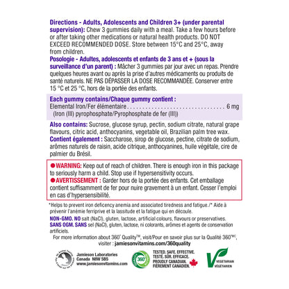 Jamieson Iron Gummies Grape Flavour, 90 Gummies, Supports Overall Health, Helps with Fatigue, Prevents Deficiency and Anemia. Vegetarian, Non-GMO, No Artificial Colours, Flavours or Preservatives