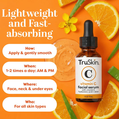 TruSkin Vitamin C Serum For Face – Anti Aging Formula with Vitamin C, Hyaluronic Acid, Vitamin E – Brightening Serum – Improve Appearance of Dark Spots, Tone, Fine Lines & Wrinkles, 1 Fl Oz - Available at All In One Marketplace Canada