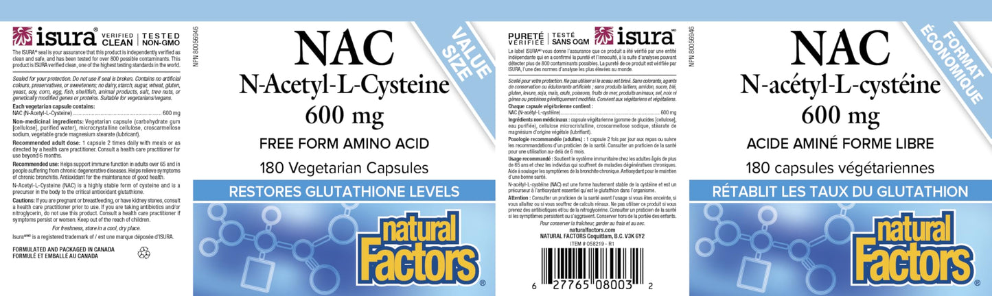 Natural Factors NAC Supplement (N-Acetyl-L-Cysteine), 600 mg, 180 Vegetarian Capsules, VALUE SIZE, Free Form Amino Acid, Helps Restore Glutathione Levels, Antioxidant Support, Proudly Canadian - Available at All In One Marketplace Canada