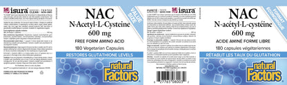 Natural Factors NAC Supplement (N-Acetyl-L-Cysteine), 600 mg, 180 Vegetarian Capsules, VALUE SIZE, Free Form Amino Acid, Helps Restore Glutathione Levels, Antioxidant Support, Proudly Canadian - Available at All In One Marketplace Canada