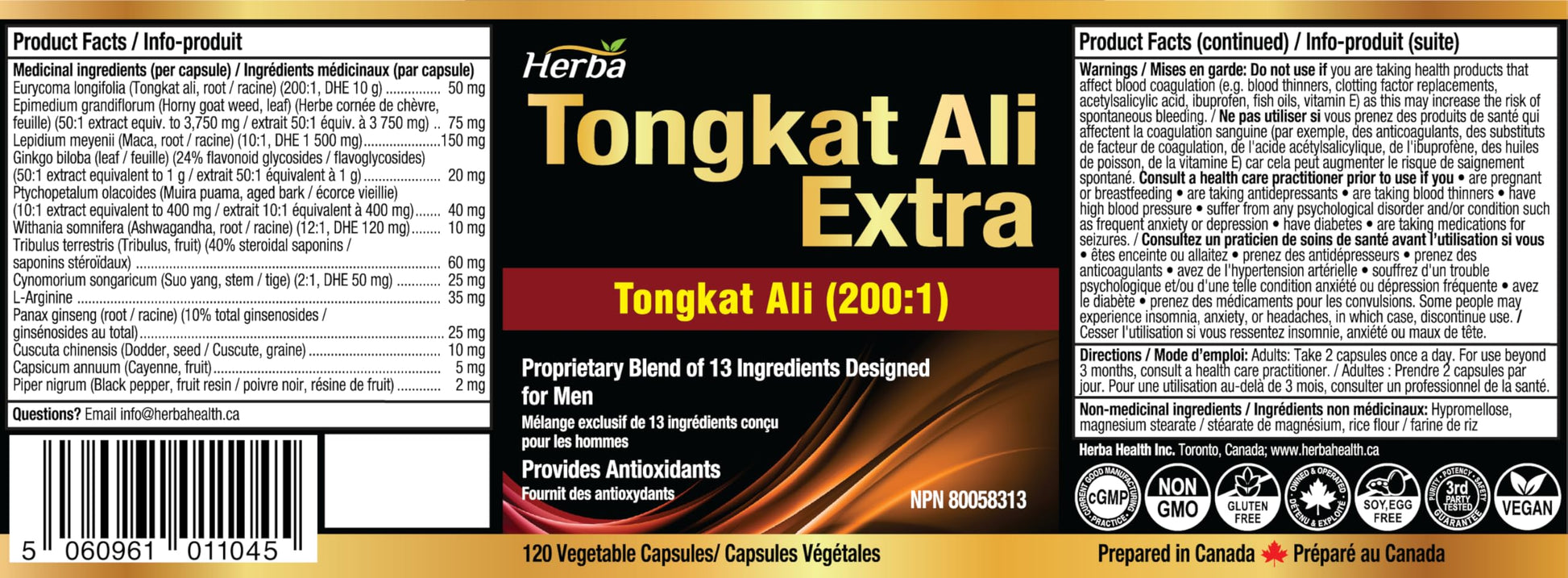 Herba Tongkat Ali Extract for Men - 200:1 Concentrate – 10,000mg Equivalent | 120 Vegetable Capsules | Enhanced Formula Made in Canada