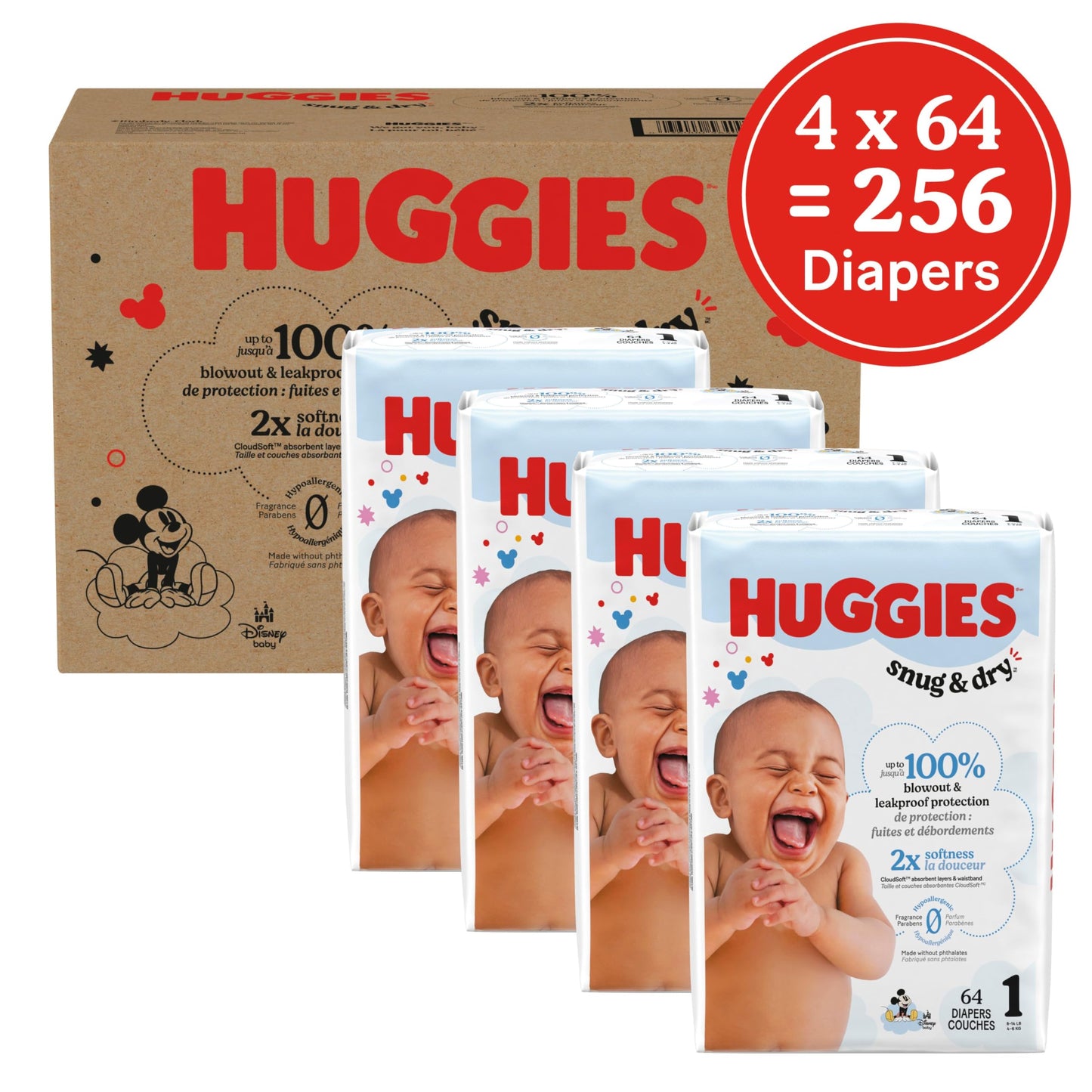 Couches Huggies Taille 1, Couches pour nouveau-nés Snug & Dry, Taille 1 (8-14 lb), 256 couches (4 paquets de 64), L'emballage peut varier