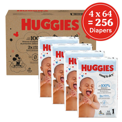 Couches Huggies Taille 1, Couches pour nouveau-nés Snug & Dry, Taille 1 (8-14 lb), 256 couches (4 paquets de 64), L'emballage peut varier