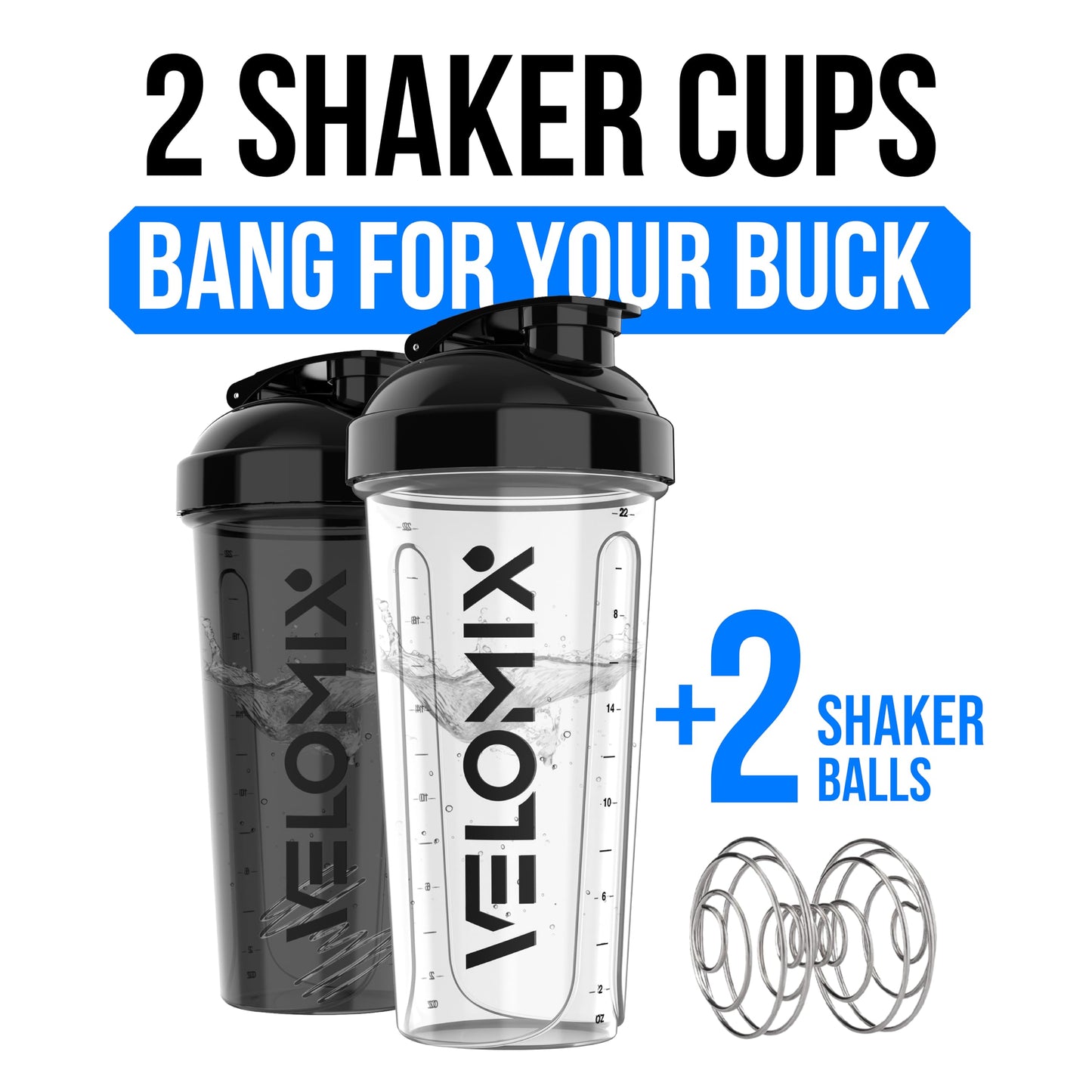 VELOMIX -2 Pack- 28 oz Protein Shaker Bottles for Protein Mixes - 2x Wire Whisk | Leak Proof Shaker Cups for Protein Shakes | Protein Shaker Bottle Pack | Shakers (Transparent & Black - 28oz)