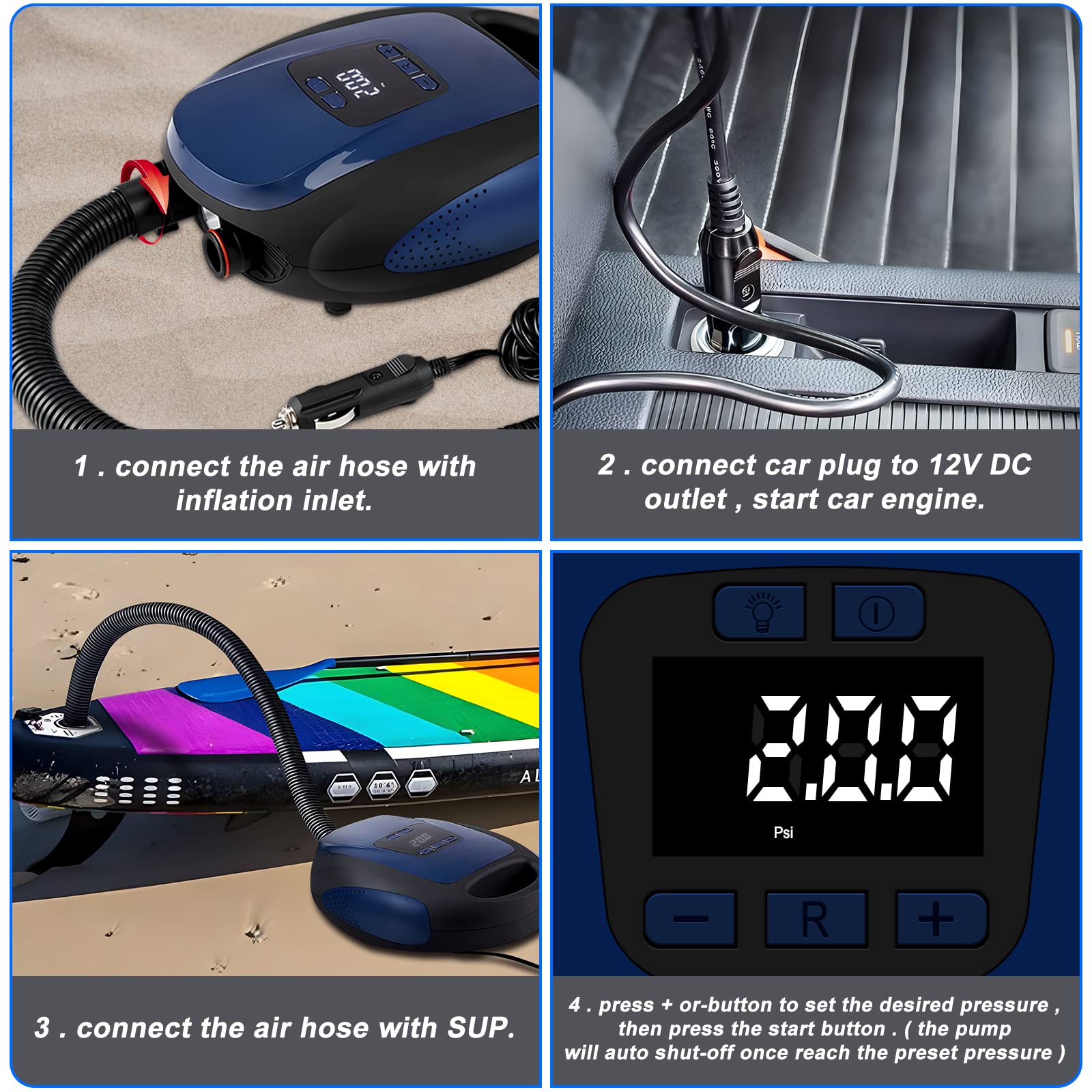 Paddle Board Pump, SUP Electric Air Pump, Portable 20 PSI Air Compressor, Auto-Off Inflation & Deflation Function with 12V DC Car Cigarette Lighter for Paddle Board,Inflatable Sups, Kayaks and Boats