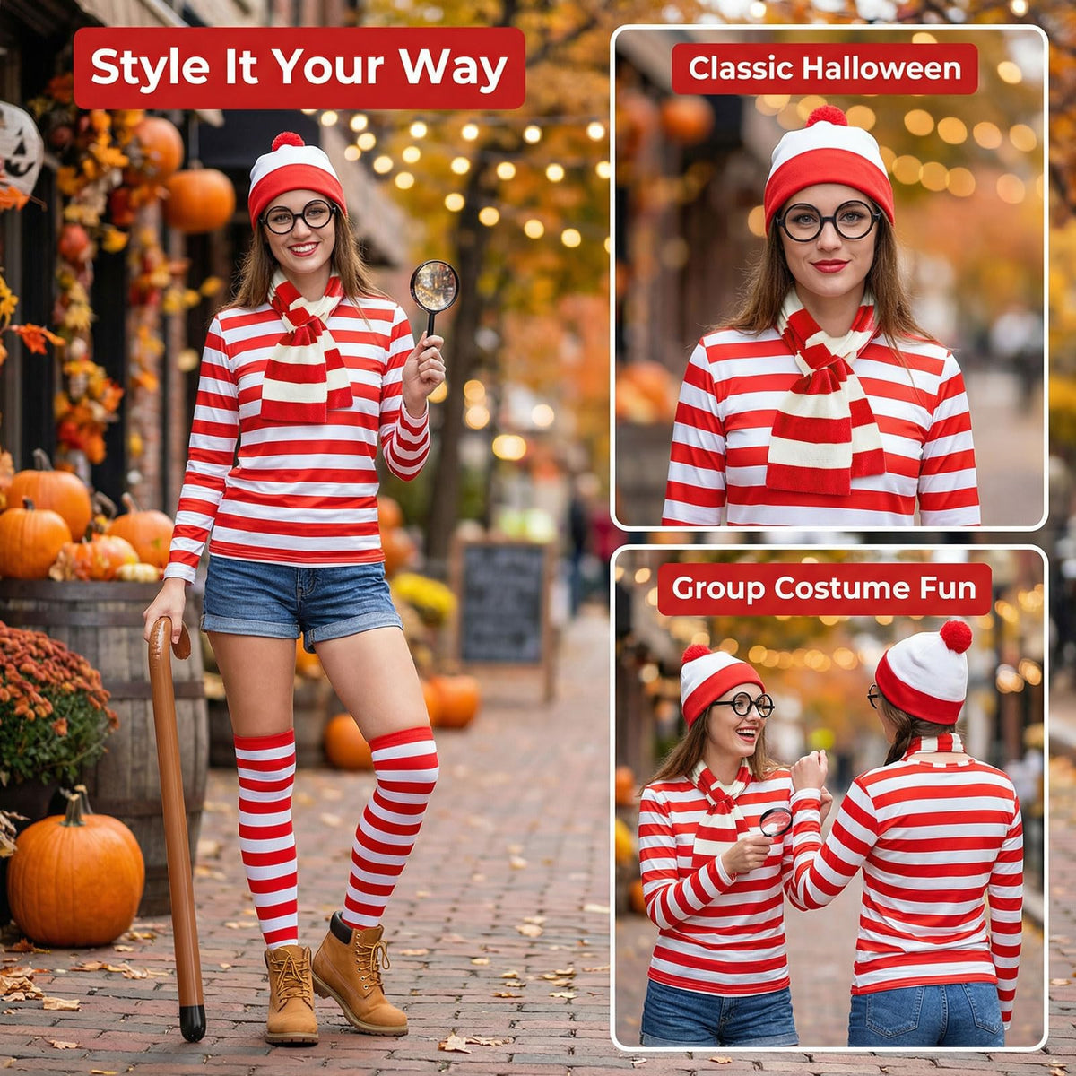 Adult Christmas Wheres Waldo Costume Red and White Striped T-Shirt Costume Christmas Party Cosplay 🍁 All In One Marketplace Canada