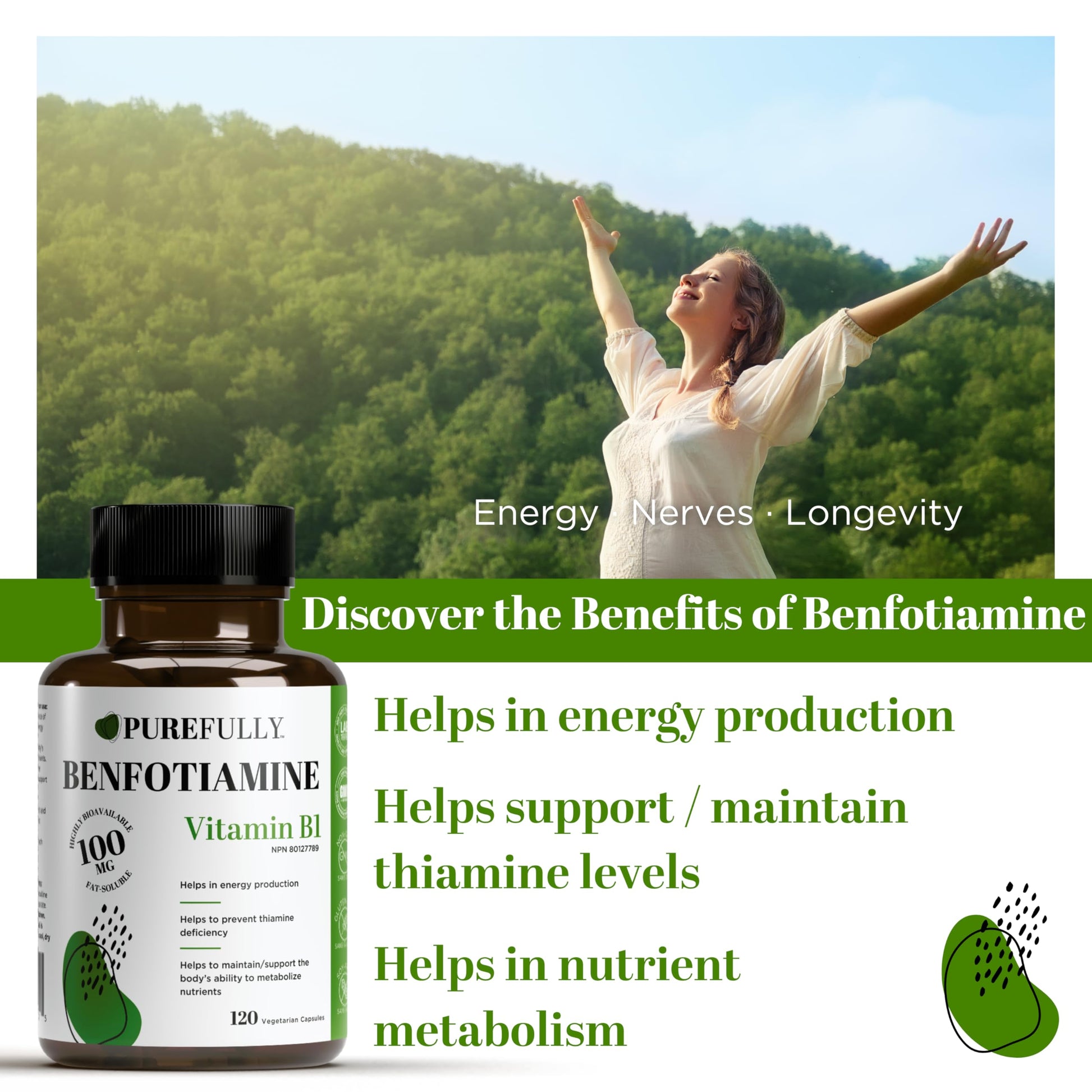 PUREFULLY Benfotiamine Vitamin B1/Thiamine 100mg, 120 Capsules - High Absorption Energy Support - Gluten Free, Non-GMO, Made in Canada - Available at All In One Marketplace Canada