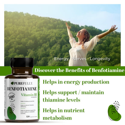 PUREFULLY Benfotiamine Vitamin B1/Thiamine 100mg, 120 Capsules - High Absorption Energy Support - Gluten Free, Non-GMO, Made in Canada - Available at All In One Marketplace Canada