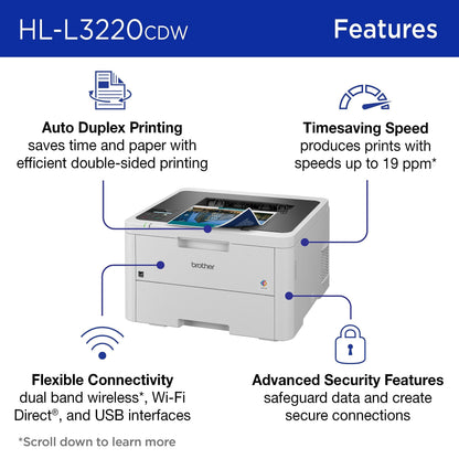 Brother Color Laser Printer with Wireless Printing Fast 19 PPM Output, Duplex Feature, Mobile Device Compatible, 250-Sheet Paper Tray for Professional Home Office Printing (HL-L3220CDW) Brother