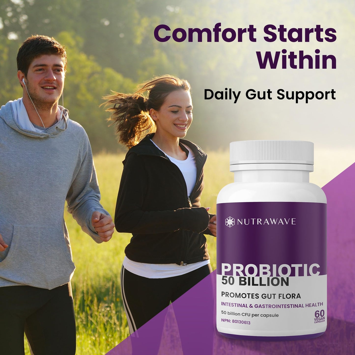 Nutrawave 50 BILLION Probiotics Women & Men, 15 Strains Active Culture. Relieves Bloating and Constipation, Improved Digestion and Gut Health Supplement, Non-GMO, Vegan, Gluten Free. 60 Vegan Capsules/ 60 Day Supply - Available at All In One Marketplace Canada
