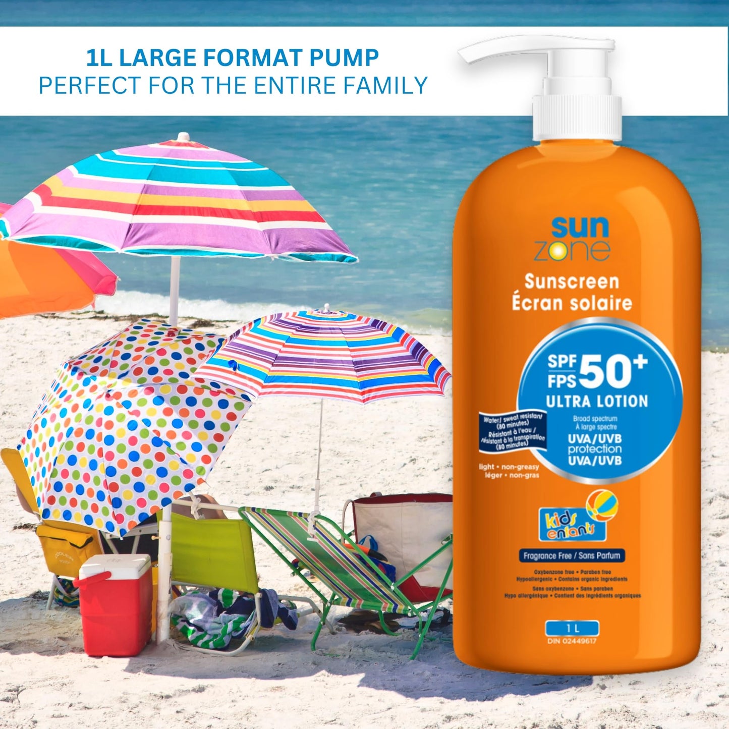Sunzone | SUNSCREEN SPF 50+ Ultra Lotion | Broad Spectrum UVA/UVB Protection | Light, Non-Greasy, Water resistant (80 minutes) | Fragrance Free | 1L Bottle with pump | MADE IN CANADA - Available at All In One Marketplace Canada