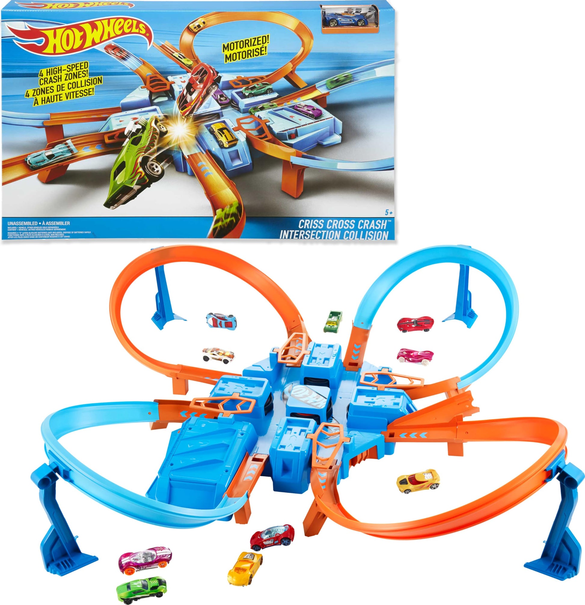 Hot Wheels Track Set with 1:64 Scale Toy Car, 4 Intersections for Crashing, Powered by a Motorized Booster, Criss-Cross Crash Track Hot Wheels