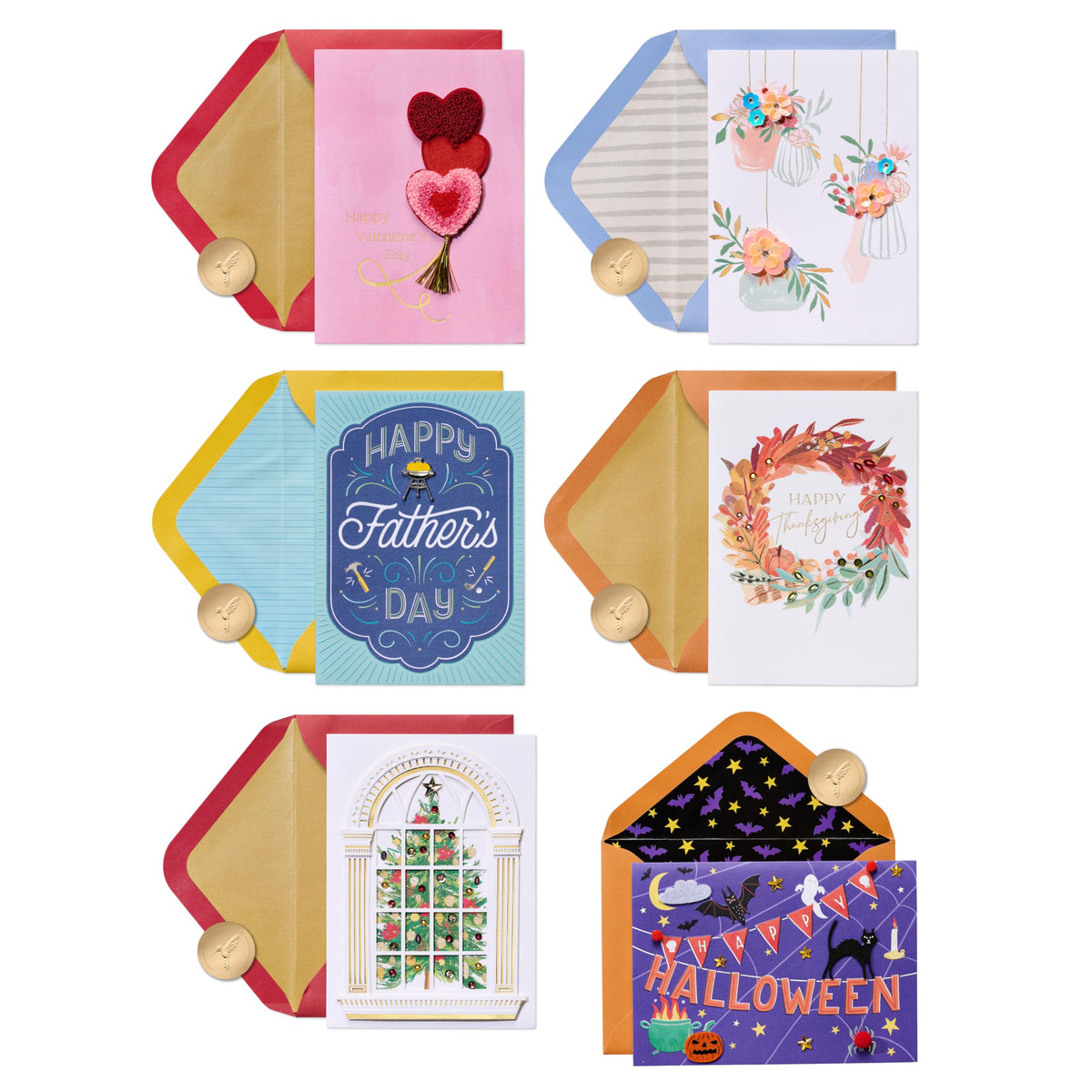 Assortiment de cartes de vœux Papyrus pour toutes les occasions avec boîte décorative, lot de 6 (Saint-Valentin, fête des Mères, fête des Pères, action de grâce, Halloween, Noël)