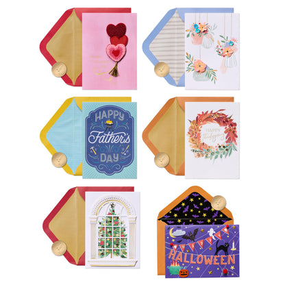 Assortiment de cartes de vœux Papyrus pour toutes les occasions avec boîte décorative, lot de 6 (Saint-Valentin, fête des Mères, fête des Pères, action de grâce, Halloween, Noël)