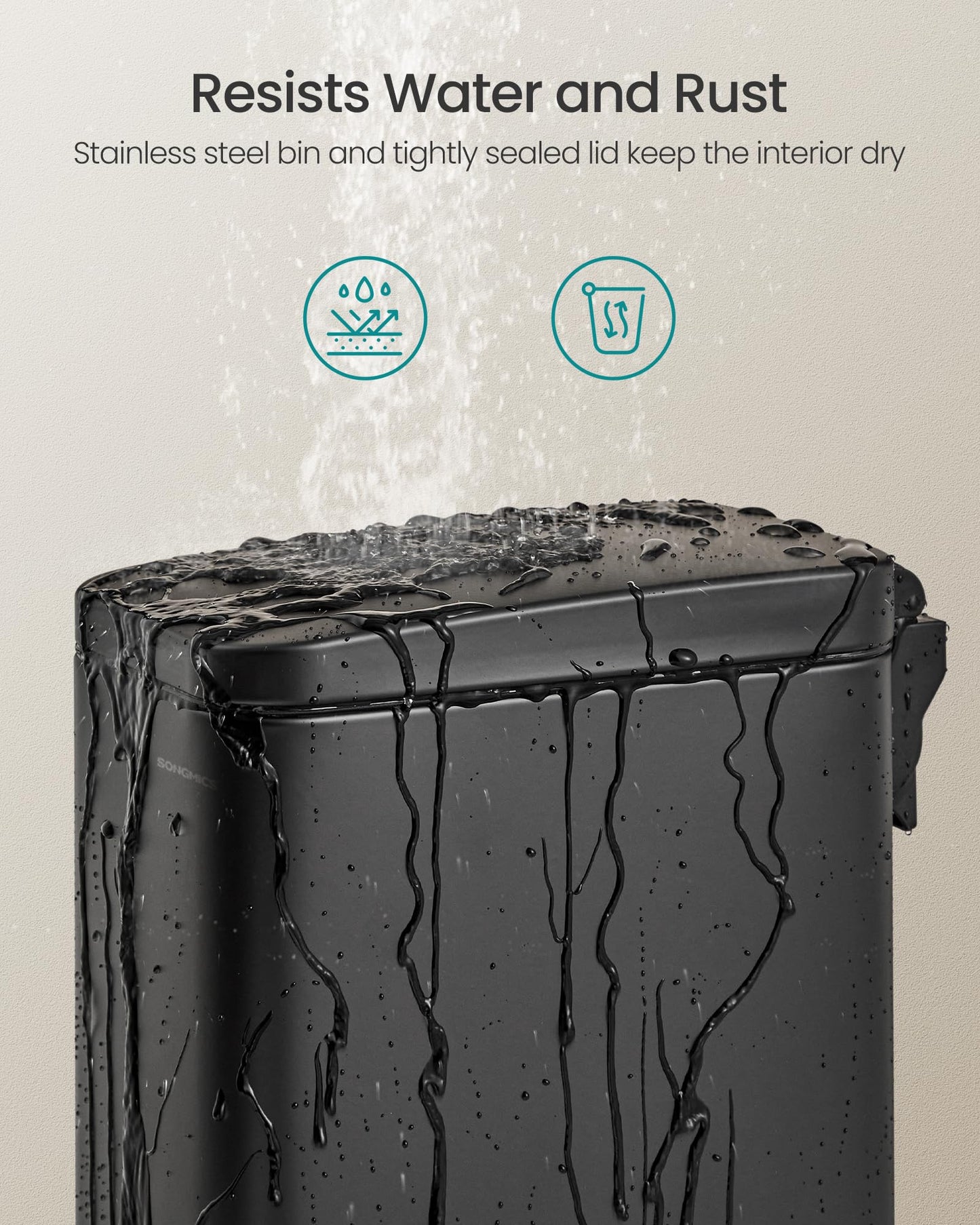 SONGMICS Bathroom Trash Can, Small Trash Bin with Lid, Slim for Small Spaces, Stainless Steel Garbage Can, Soft Close, 1.3 Gallon (5 L) Black ULTB560B05 SONGMICS