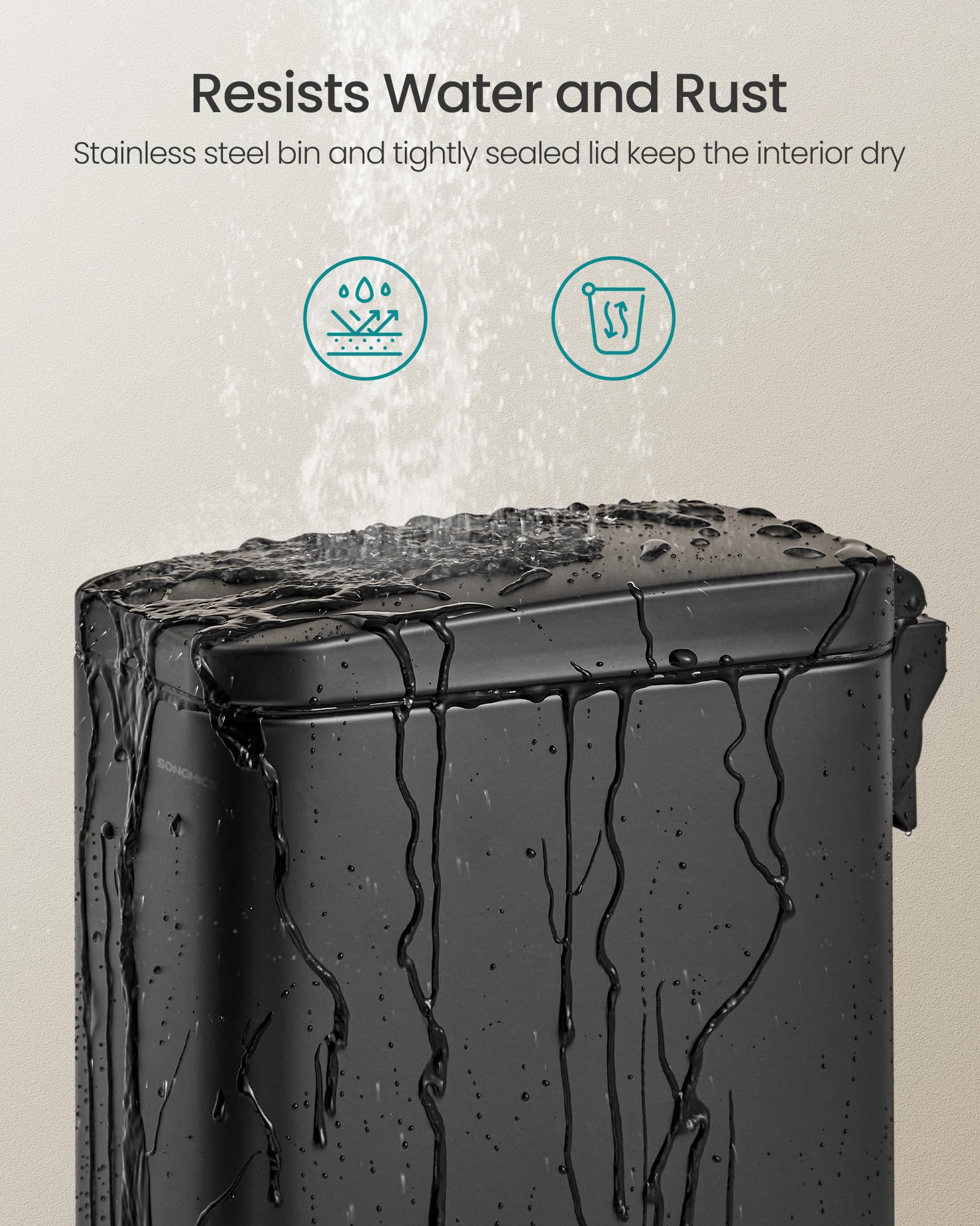 SONGMICS Bathroom Trash Can, Small Trash Bin with Lid, Slim for Small Spaces, Stainless Steel Garbage Can, Soft Close, 1.3 Gallon (5 L) Black ULTB560B05 SONGMICS