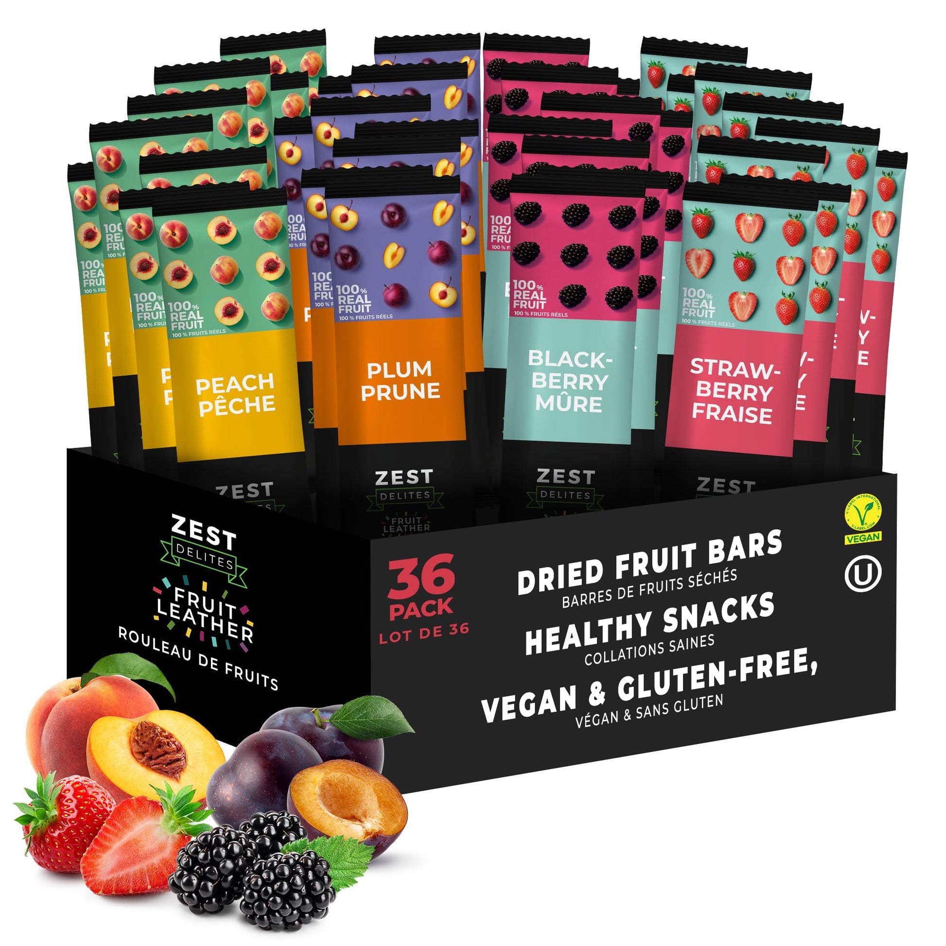 Zest Delites Fruit Leather Variety Pack - 36 Individual Servings (25g each) | Strawberry, Blackberry, Peach & Plum | Gluten-Free Vegan Dried Fruit Snacks