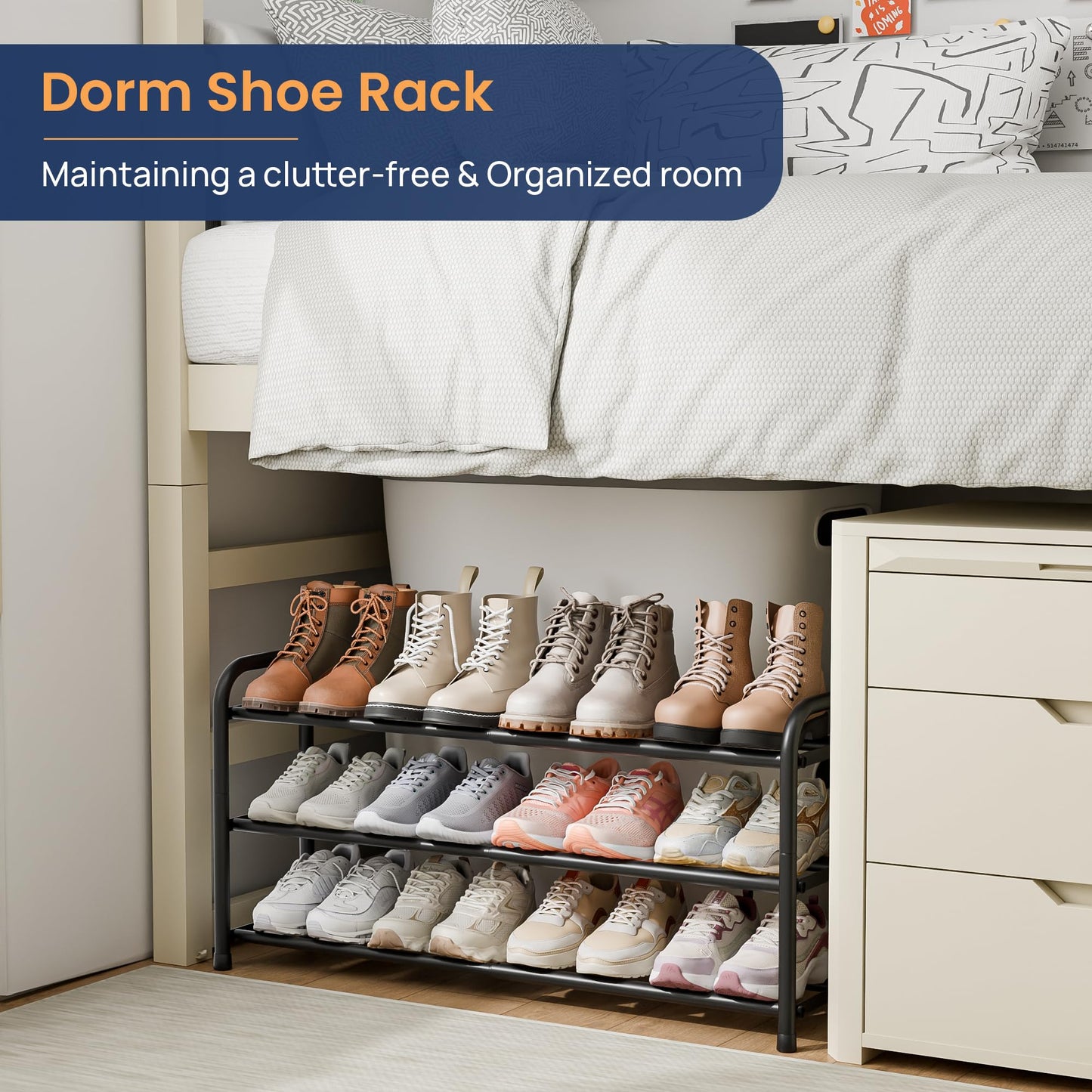 ENJOYBASICS Expandable Metal Shoe Racks for Closet, 3 Tier Adjustable Shoe Organizer Shelf, Black Free Standing Rack Storage for Entryway
