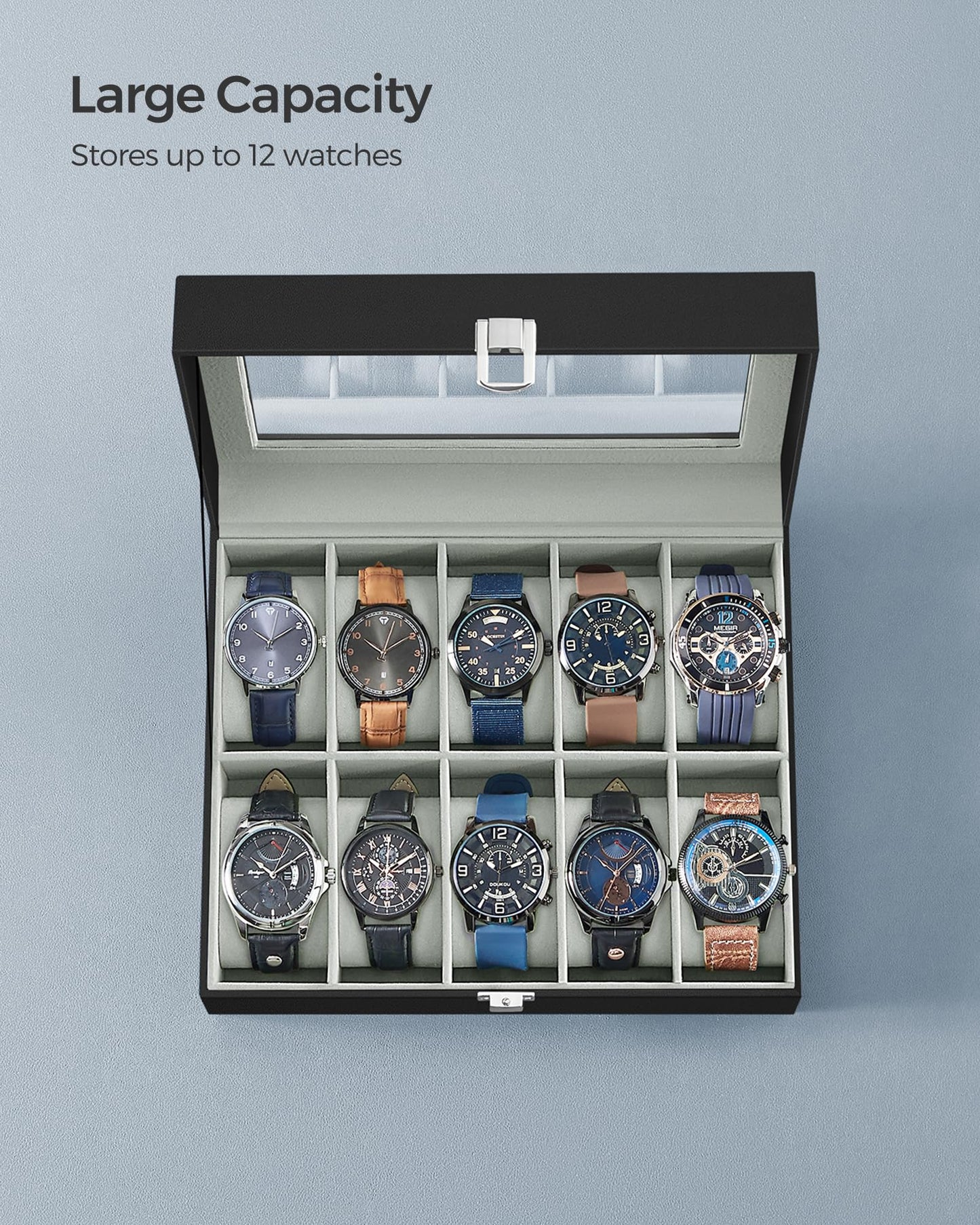 SONGMICS Watch Box, 10-Slot Watch Case Organizer with Large Glass Lid, Removable Pillows, Gift for Loved Ones, Black Synthetic Leather, Gray Lining UJWB010BK SONGMICS