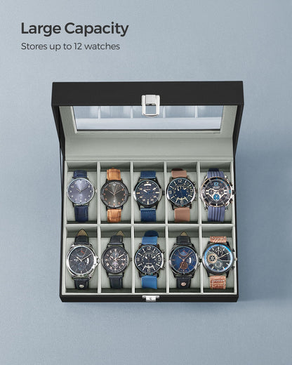 SONGMICS Watch Box, 10-Slot Watch Case Organizer with Large Glass Lid, Removable Pillows, Gift for Loved Ones, Black Synthetic Leather, Gray Lining UJWB010BK SONGMICS